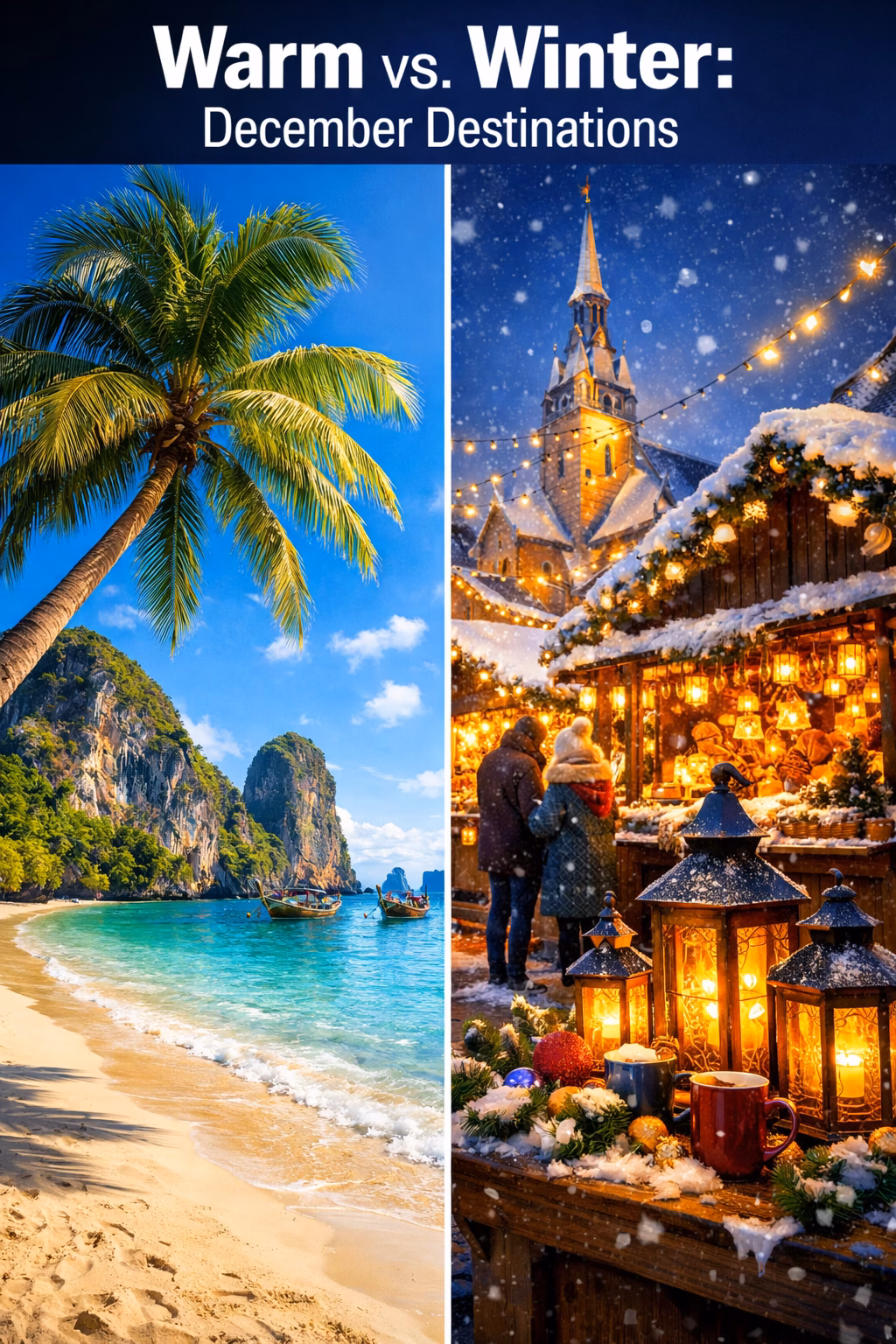 Portrait/Pinterest format () editorial image showing a split-panel visual: left side features a sunlit beach in Thailand