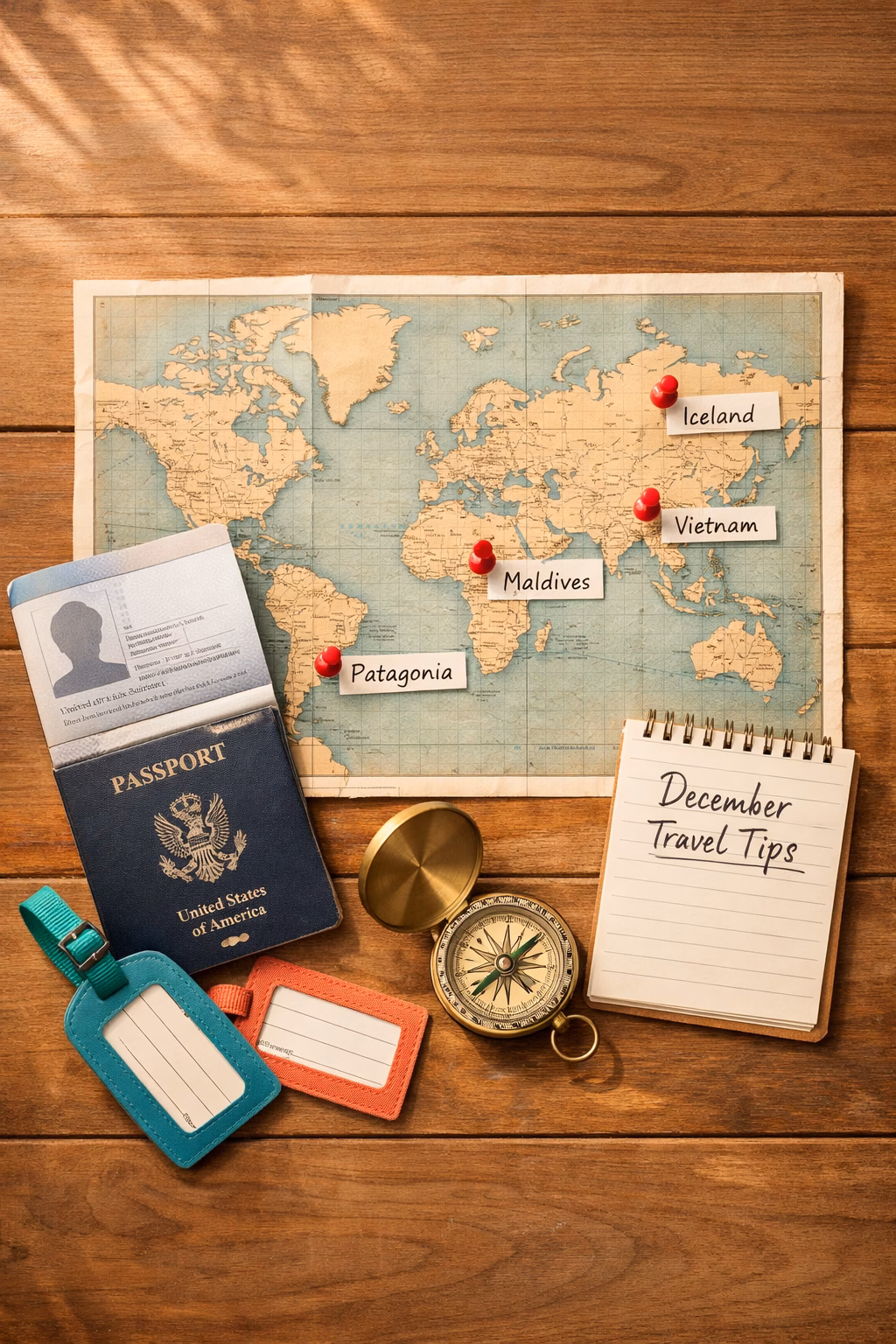 Portrait/Pinterest format () editorial travel planning flat-lay image shot from directly above: open passport, world map