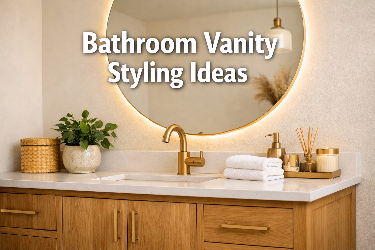 Professional () hero image with : 'Bathroom Vanity Styling Ideas' in extra large white with soft dark , centered in upper