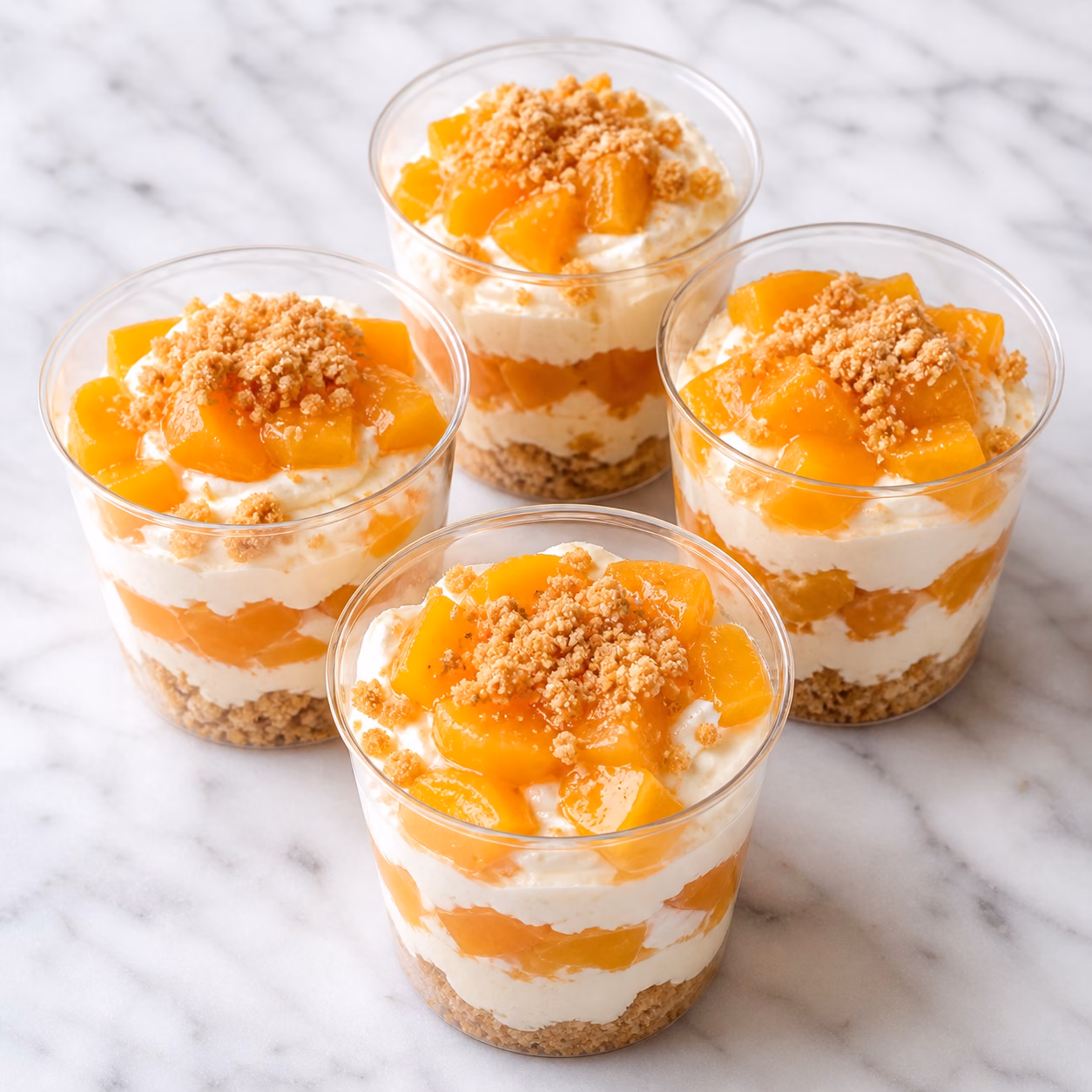 No Bake Peach Dessert Cups with creamy layers and fresh fruit