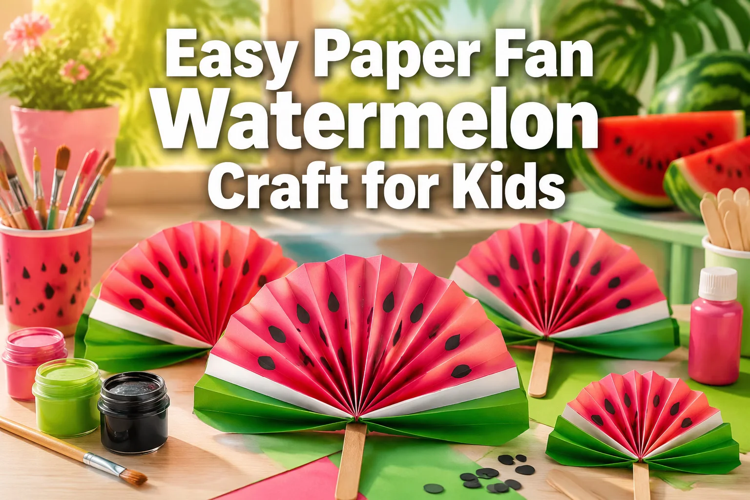 paper fan watermelon craft,kids summer crafts,DIY kids crafts
