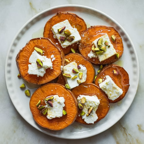 Honey-Glazed Roasted Sweet Potato Rounds with Creamy Feta